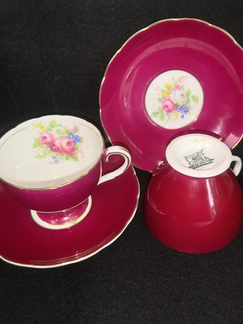 Vintage Foley English Bone 2 Sets Tea Cup & Saucer Burgundy & Floral, Gold Rim